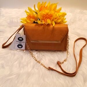 Madison West Crossbody Clutch Wristlet Handbag. Faux Leather Gold Chain Mustard